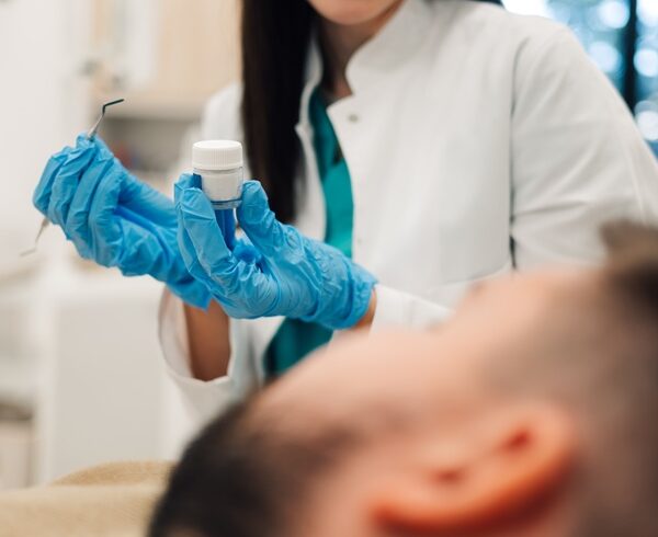 Dentist holding dental instruments and filling material getting ready for operation